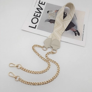 Detail of checkered woven wide shoulder strap with light gold chain and swivel lobster clasp