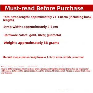 Detailed specs of adjustable 2.5cm wide crossbody bag strap, 73-130cm length with hooks