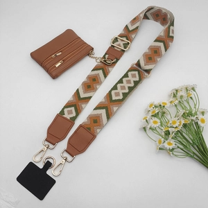 Ethnic woven phone strap set with brown PU coin purse and gold metal hardware