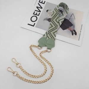 Adjustable wide replacement shoulder strap with woven geometric pattern and gold chain