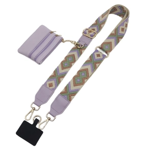 Ethnic geometric pattern phone strap with purple leather pouch and gold hardware