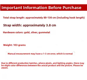 Adjustable bag strap specifications: width 3.8cm, length 80-130cm, weight 103g info