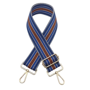 Adjustable ethnic 5cm wide bag strap with blue and brown wave pattern and gold clasps