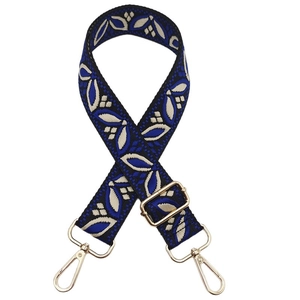 Adjustable retro blue woven handbag strap with leaf patterns and gold metal hooks
