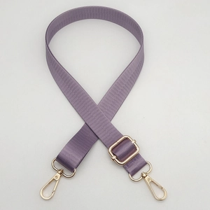 Adjustable lilac purple nylon shoulder strap with gold metal buckles and lobster clasps