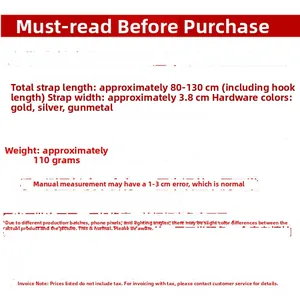 Detailed sizing chart for 3.8cm wide adjustable bag strap with length from 80cm to 130cm
