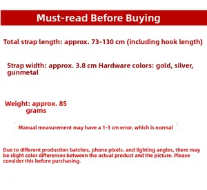 Detailed size specs for adjustable 3.8cm wide jacquard bag strap with 73-130cm length