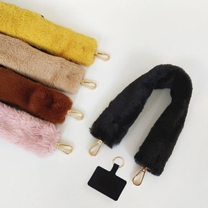 Plush faux fur mobile phone straps in five colors with golden lobster clasps