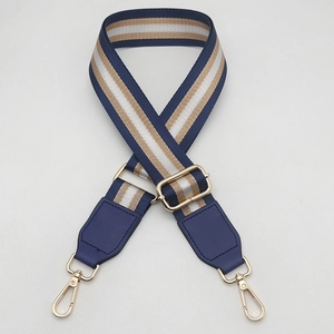 Adjustable wide replacement shoulder strap with navy blue and khaki stripes and gold clips