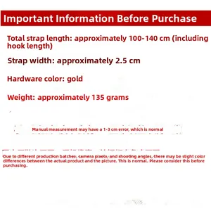 Detailed strap specifications: 100-140cm length, 2.5cm width with gold metal hardware