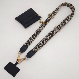 Adjustable leopard print phone crossbody strap with detachable black zippered wallet pouch