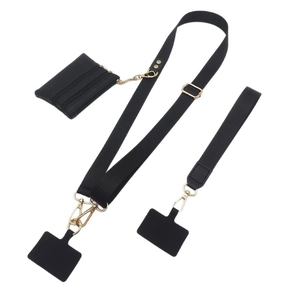 Universele nylon telefoonband set met zwart lederen tasje en goudkleurige sluitingen