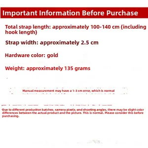 Detailed sizing chart for adjustable 2.5cm wide crossbody phone strap with gold hardware
