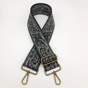 Ethnic paisley embroidered wide shoulder strap with vintage bronze metal hooks