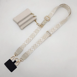 Detail of adjustable woven phone strap with matching mini pouch and gold hardware