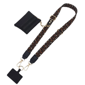 Adjustable leopard print phone crossbody strap with a detachable pouch and gold buckles
