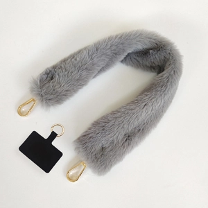 Gray plush mobile phone strap with gold metal swivel clasps and a black connector pad