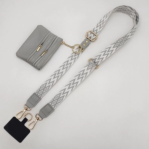 Adjustable woven phone crossbody strap with grey leather purse and gold hardware