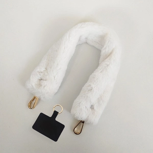 White plush faux fur shoulder strap for bags and phones with gold lobster clasps