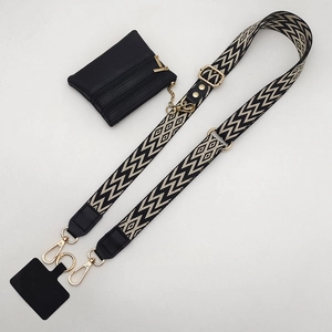Adjustable black and white woven phone strap with small zipper leather pouch and gold clips