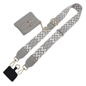 Adjustable crossbody phone strap set with grey geometric pattern and leather pouch