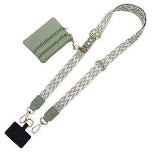 Adjustable Morandi green crossbody phone strap with weave pattern and mini pouch