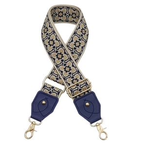 Bandoulière ethnique tissée à motifs géométriques avec crochets dorés et cuir bleu