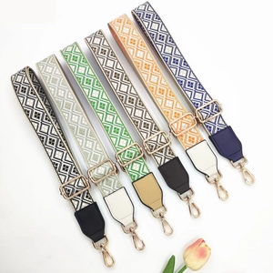 Adjustable ethnic embroidery shoulder straps for bags with gold metal hooks and colorful patterns