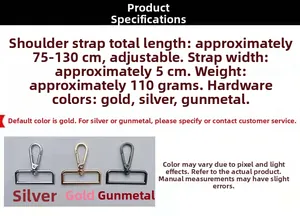 Adjustable 5cm wide bag strap showing metal hooks in silver, gold and gunmetal finishes