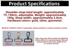 Adjustable 3.8cm wide shoulder strap with metal lobster clasps in gold silver and gun black