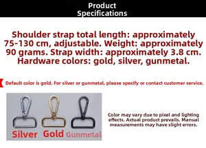 Adjustable 3.8cm wide bag strap with durable metal hooks in gold silver and gunmetal