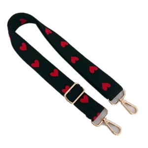 Bandoulière réglable noire avec broderie cœurs rouges et mousquetons dorés chic