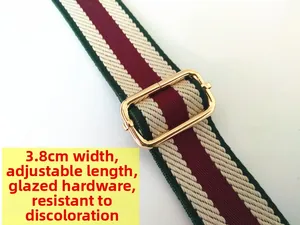 Detail of 3.8cm wide adjustable striped cotton bag strap with polished gold hardware