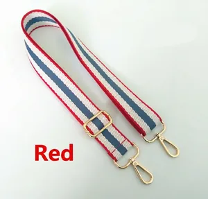 Detail of red white and blue striped woven bag strap with golden lobster clasps