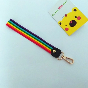 Close-up of rainbow striped strap with black leather detail and gold lobster clasp