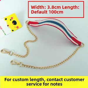 Détail de la bandoulière tissée tricolore de 3,8 cm avec chaîne dorée et mousquetons
