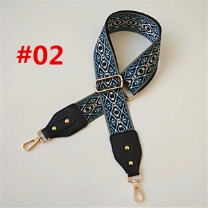 Detail of adjustable bohemian jacquard bag strap with blue geometric patterns and gold clips