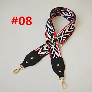 Detail view of ethnic geometric pattern bag strap with gold metal lobster clasps