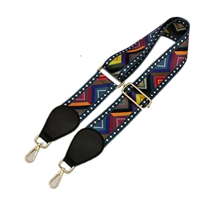 Ethnic style colorful woven nylon shoulder strap with gold metal buckles and leather ends