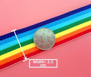 Detailed macro view showing the 2.5cm width of the rainbow striped woven nylon lanyard