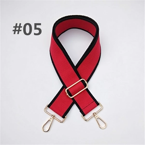 Detail view of adjustable red and black striped canvas strap with gold metal hooks