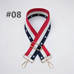 Detail of adjustable canvas strap with red white stripes and star pattern for handbags