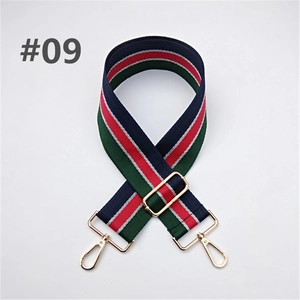 Detail of adjustable canvas bag strap with classic red, green, and navy stripes and gold hooks