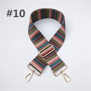 Detail of adjustable woven replacement shoulder strap with colorful stripes and gold hooks
