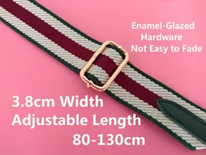 Adjustable 3.8cm wide green and red striped fabric shoulder strap with gold hardware