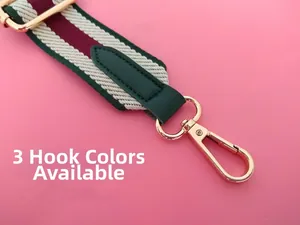 Detail view of woven bag strap in green and red stripes with gold metal hardware
