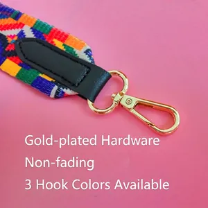 Colorful ethnic woven shoulder strap for bags with golden hooks and black leather