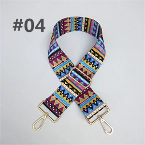 Close-up of ethnic geometric patterned wide bag strap with gold metal hardware and clips