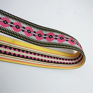 Detailed view of adjustable ethnic style wide bag strap with colorful woven geometric patterns