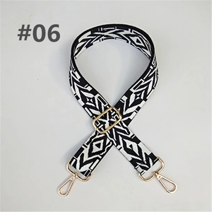 Detail of black and white geometric ethnic weave pattern on wide adjustable canvas bag strap